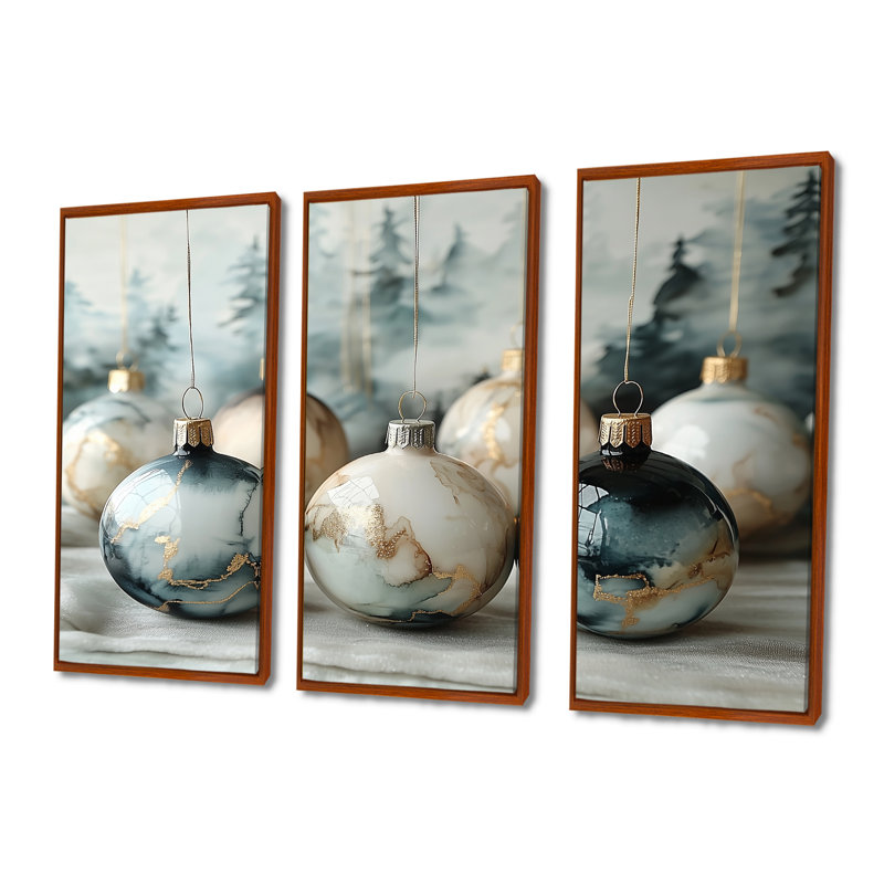 Ornement vert or vert Sparkle II - ensemble d'art mural de Noël, Toile avec cadre flottant brun, H 32 po x l 48 po x P 1 po