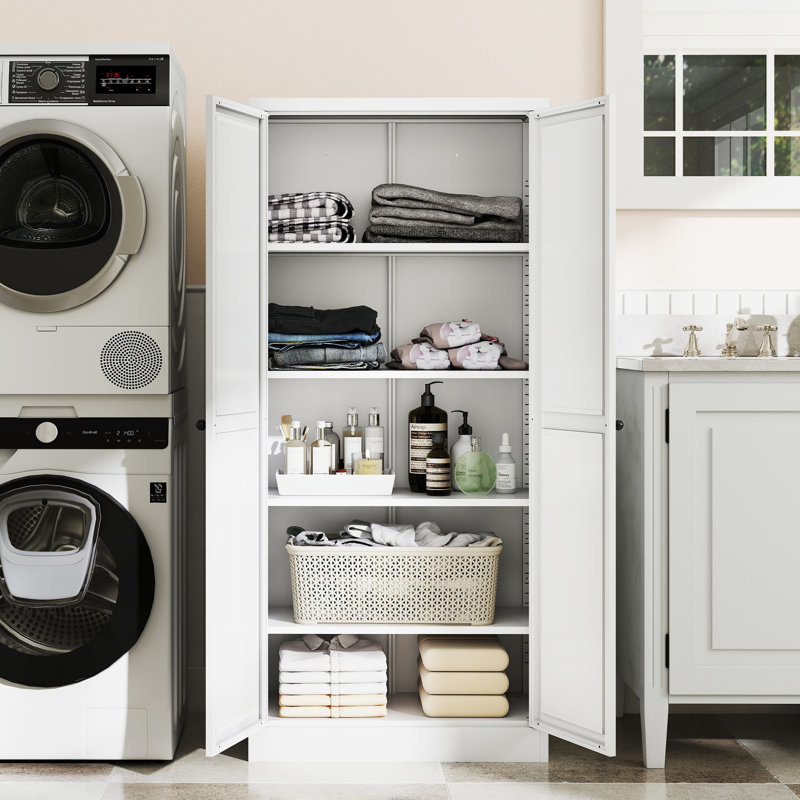 Armoire de rangement autoportante Mikenlee de 61 po en métal blanc avec 4 tablettes réglables pour salles de bains et bureaux à domicile