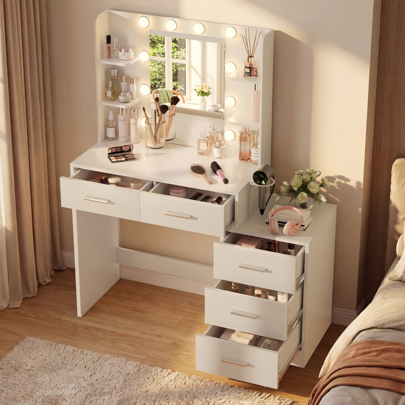 Makeup Vanity Desk with Nightstand, Lighted Mirror, Charging Station & 5 Drawers, Dimmable Dressing Table, White
