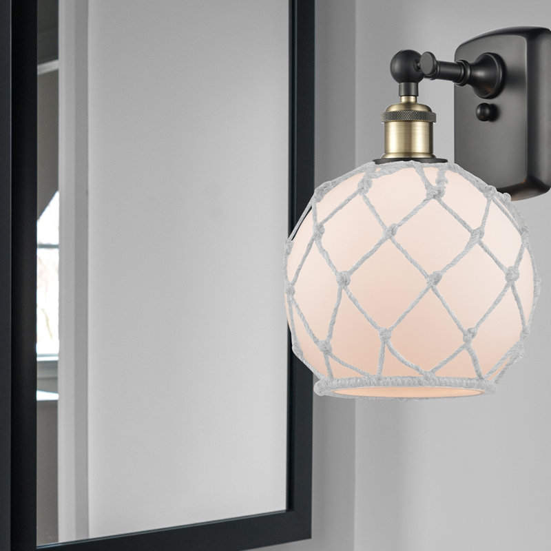 Larocque Armed Sconce, White with Brown Rope, Black Antique Brass, 6 Watt Vinage LED Bulb