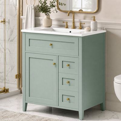 Meuble-lavabo autoportant vert sauge de 76 cm (30 po) avec lavabo en céramique, structure en MDF et bois d'hévéa, 3 tiroirs et porte d'armoire à fermeture amortie, meuble-lavabo de style transitionnel pour salle de bain