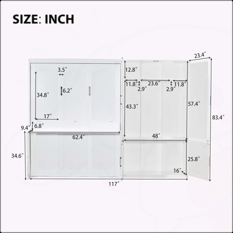 Grand lit escamotable mural avec placard, Blanc