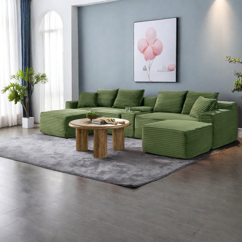 Modular Green Corduroy Sectionals With Usb Ports And Cup Holder For Modern Living Rooms