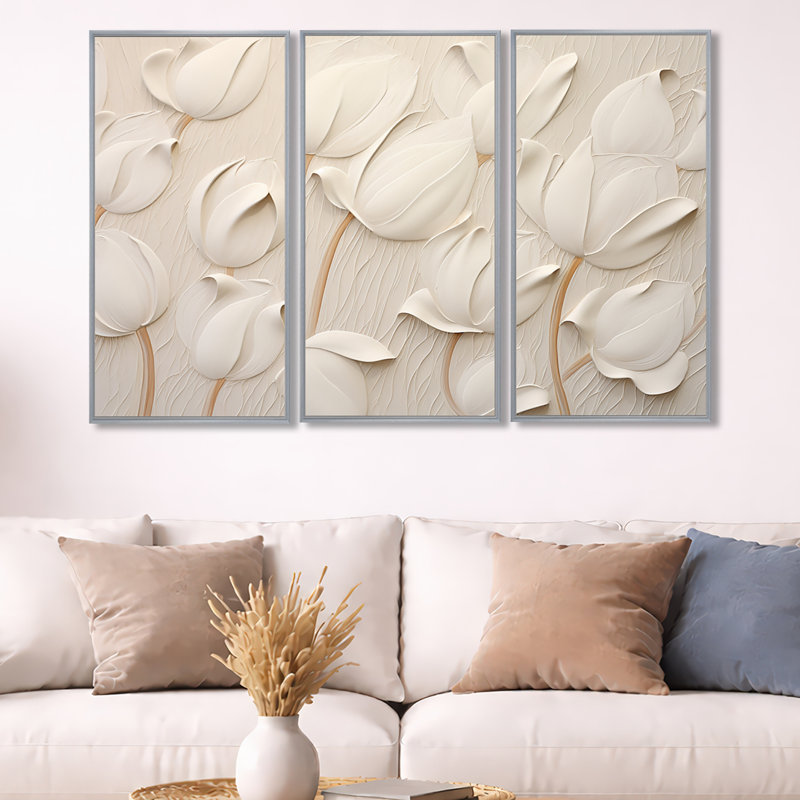Minimalisme blanc tulipes symphonie - ensemble de reproductions d'art mural tulipes, H 32 po x l 48 po