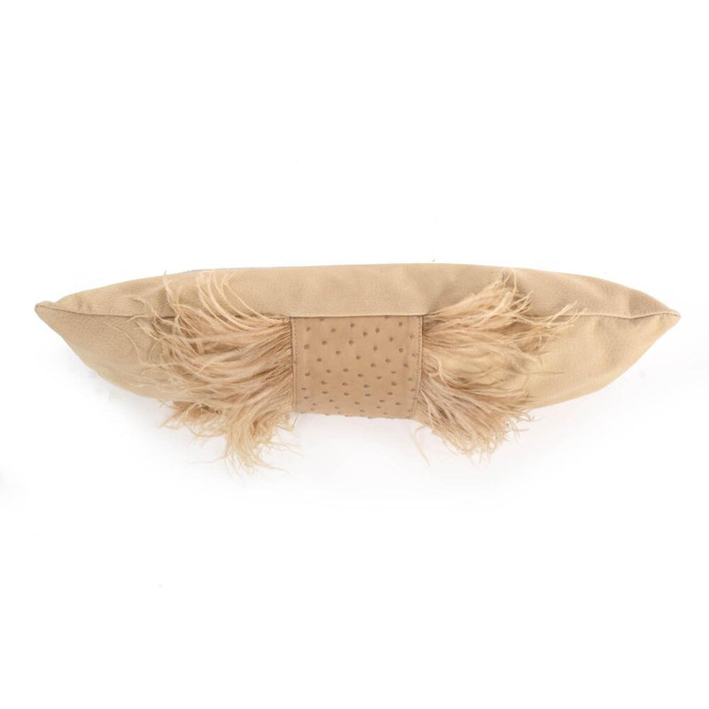 Feather Trim Suede Lumbar Pillow, Cream