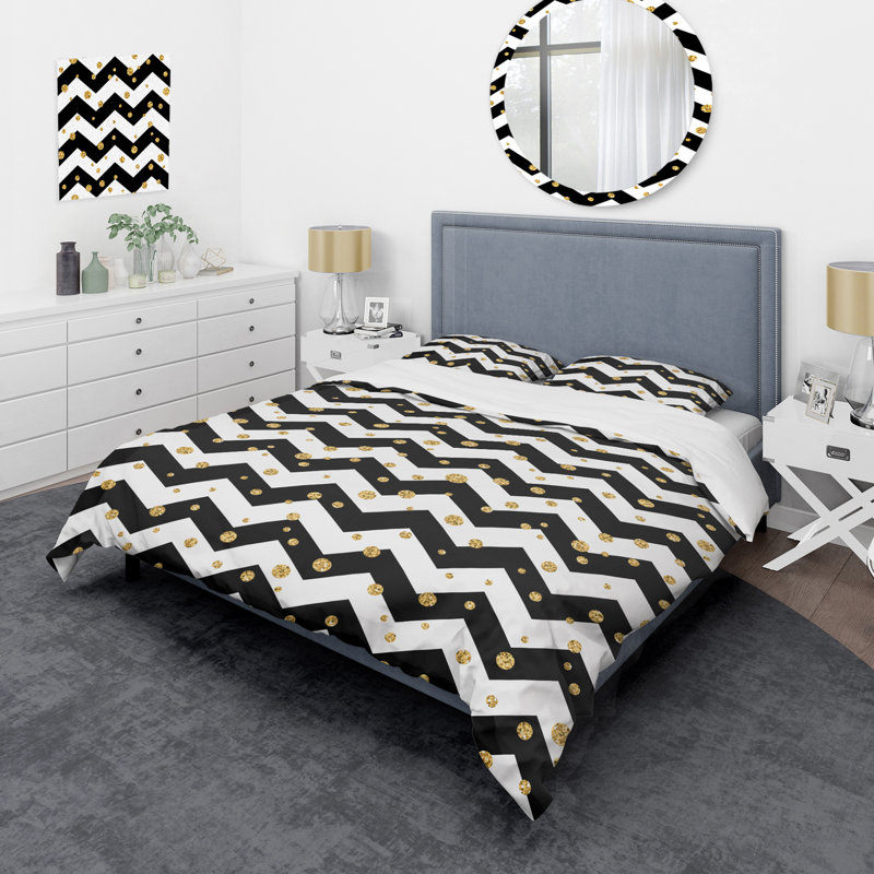 Ensemble de housse de couette en microfibre doré / noir / blanc 3 pièces, Housse de couette pour grand lit et 2 taies décor