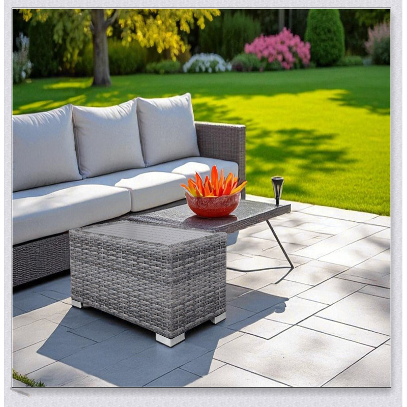 Mixed Grey Slatted Side Table With Aluminum Top – Fully Assembled, Durable And Stylish For Outdoor Use