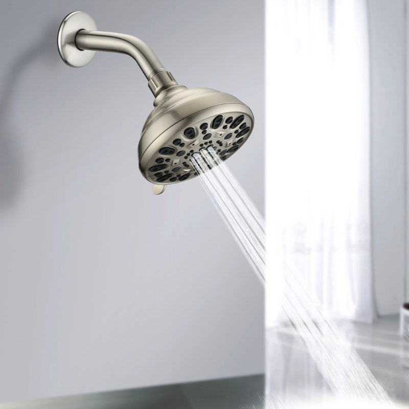 Pomme de douche haute à 6 réglages en nickel brossé - 4,72 po, colmatage, débit de 1,8 gal / min, installation pratique 4,72 po, 6 réglages réglables, rouille, facile à installer