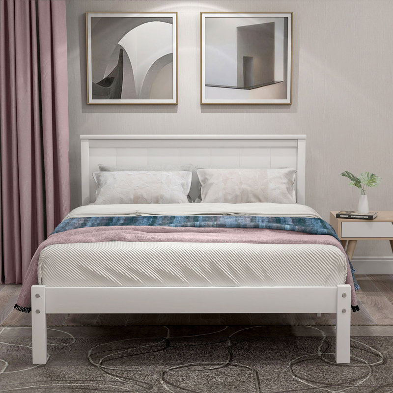 Structure de lit plateforme simple en bois Antanesha avec tête de lit, support à lattes et sans sommier, blanc, Blanc