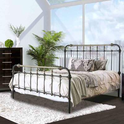 Lit double en métal antique noir avec style transitionnel, thermolaqué, accents dorés brossés à la main, 7 broches pour cadre de décor de chambre à coucher avec métal, installation