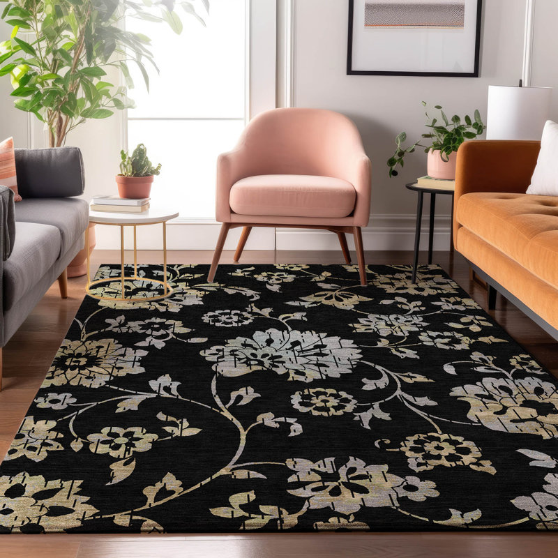 Premium Machine Washable Prisco Black Rug, Rectangle 8' x 10'