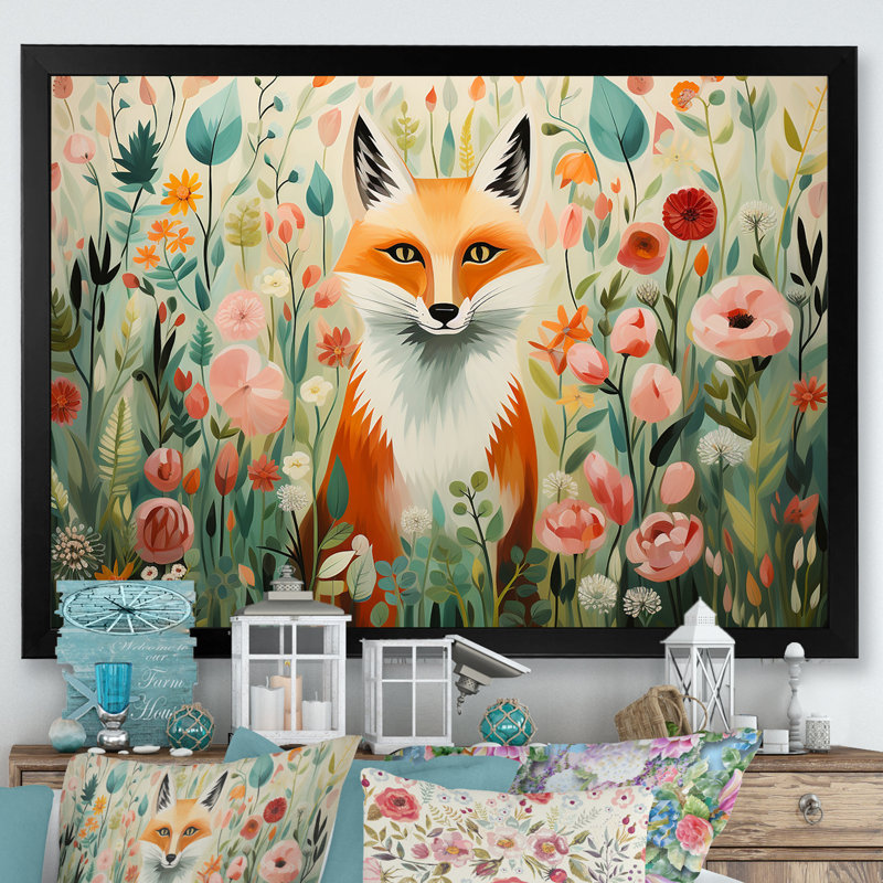 Art sur toile renard orange et rose de style IV - renard, Cadre d'angle fermé noir, H 34 po x l 44 po x P 1,5 po