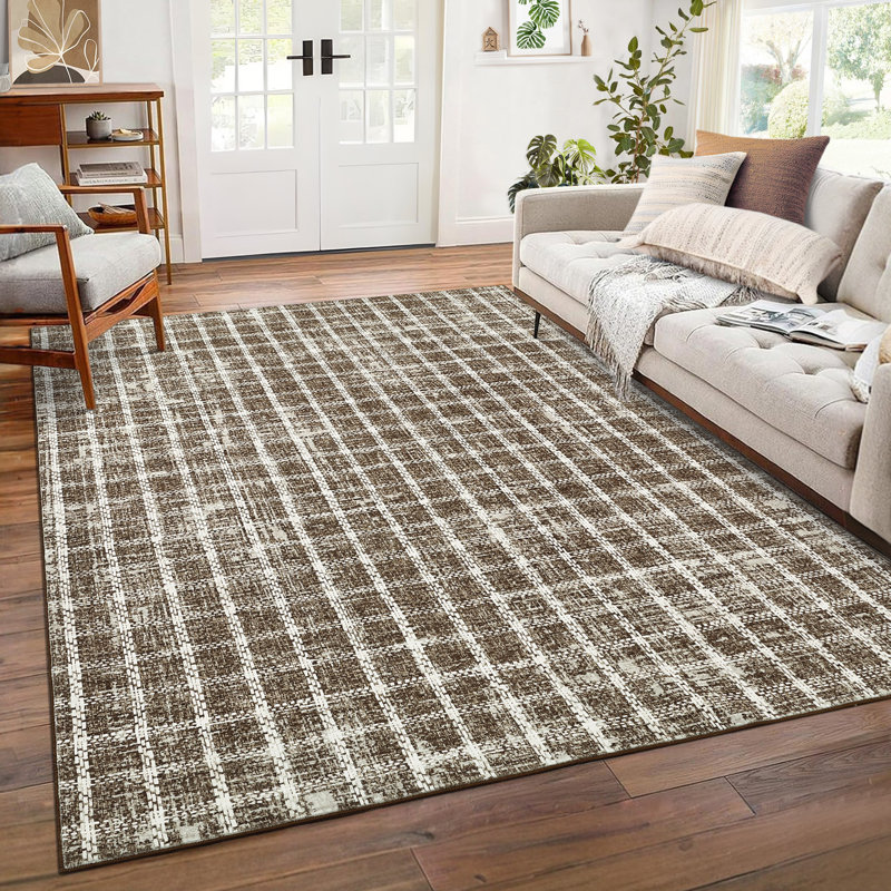 Machine Washable Rug Modern Plaid Rug Soft Area Rug Non Slip Soft Thin Rug Low Pile Foldable Rug for Living Room, Bedroom, Dining Room