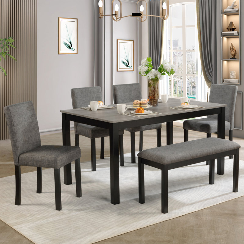Farmhouse 6 Piece Dining Set Kitchen Table Set With Bench,,dining room set,dinning table set, Dark Gray/Black