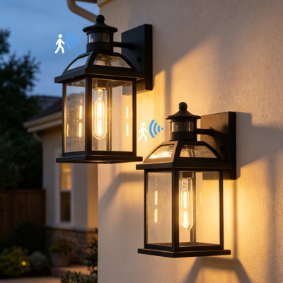1 - Light 12H" Iron Outdoor Wall Lantern Black Dusk to Dawn Wall Light With Clear Glass Shade