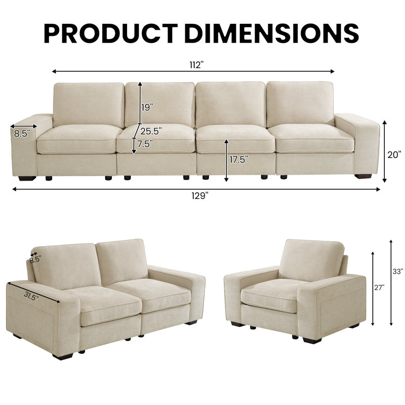 Modern Modular Chenille Sectional Sofa Set 5/6/7/8 Seater with Seat Storage and USB Charging Port、Side Pocket for Living Room and Apartment
