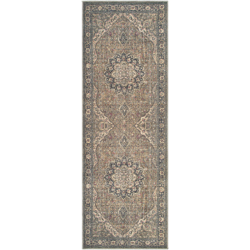 Bria Machine Washable Oriental Dusty Sage/Olive Area Rug, Runner 2'7" x 12'