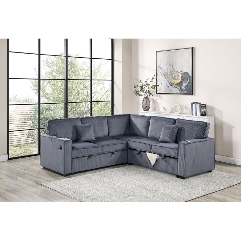 3-Piece Convertible Sectional, Dark Gray Corduroy