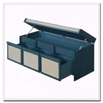 Banc de rangement pour chaussures 48 po, banc de rangement rétro avec tiroirs en rotin et coussin rembourré capitonné