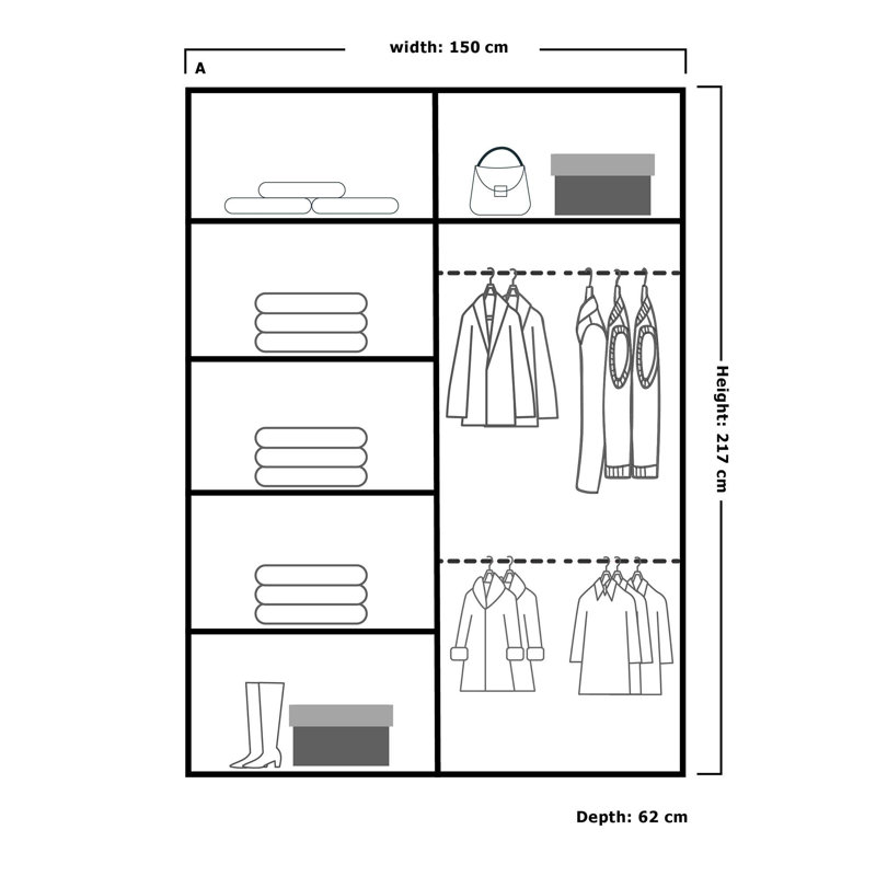 Alyssha 2 Door Manufactured Wood Wardrobe, Grey, 217cm H x 150cm W x 62cm D