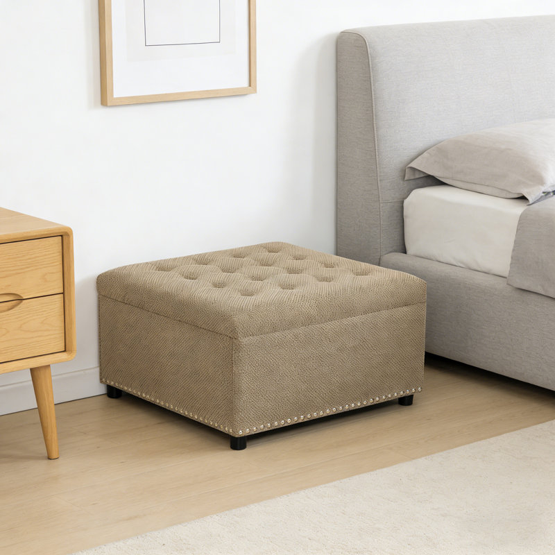 Tufted Square Storage Ottoman With Nailhead Trim, Camel Upholstered Footstool For Living Room & Bedroom, Small Space Home Decor