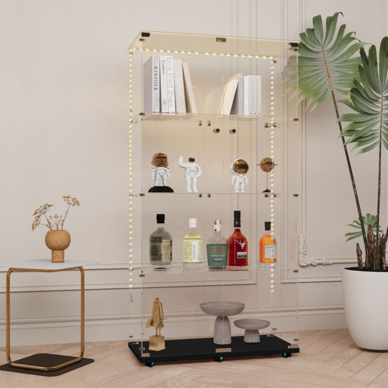 Tempered Glass Display Cabinet,Wine Cabinet, Storage Cabinet,File Cabinet,With Bluetooth LED Strip,Can Be Controlled By Remote Control Or Mobile APP,Swivel Casters,Can Be Placed Anywhere
