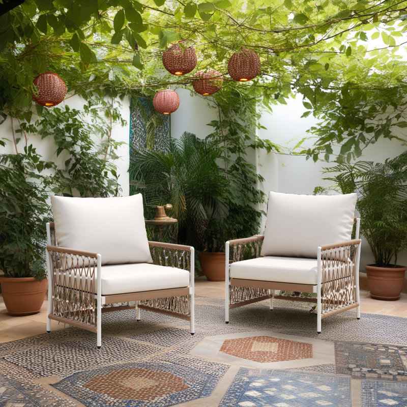 Ensemble de chaises longues d'extérieur Bohemian - conception de corde tissée à la main avec coussins imperméables