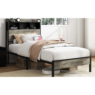 Classic Full Size Bed Frame In Antique Gray, 2 Ports, Storage Compartment, Quiet Function, Easy To Assemble, No Box Spring For Mattress Support Wooden Platform With And Usbs, Gray Wood Tone, Noise,