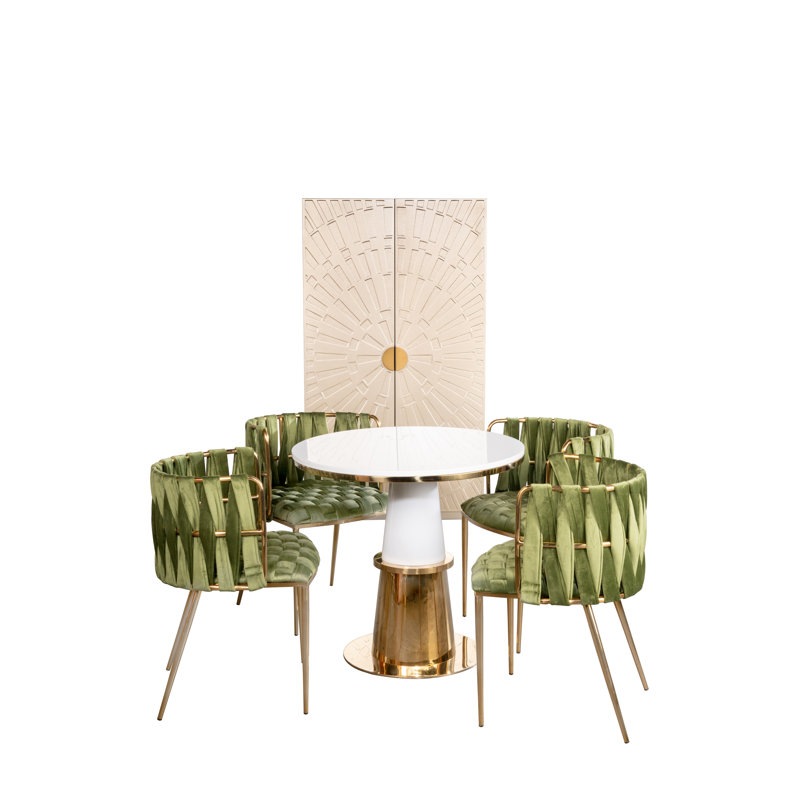 Izak Round Dining Table Set with Sculptural Base and 4 Woven Strap Dining cCurved Chairs – 5-Piece Modern Dining Set, Green