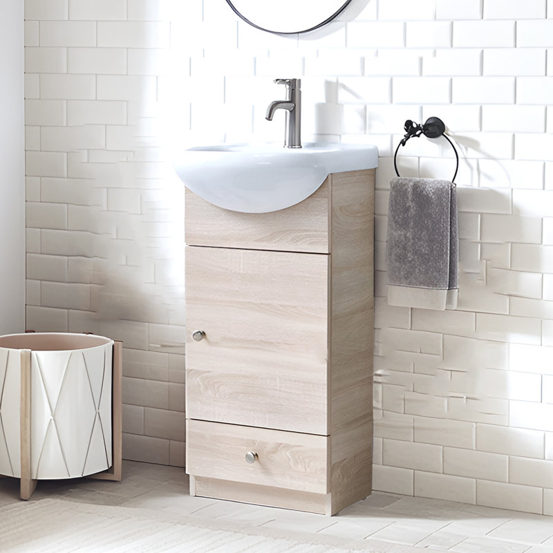 18" Mini Single Bathroom Vanity With Ceramic Top, Yellow Wood Grain