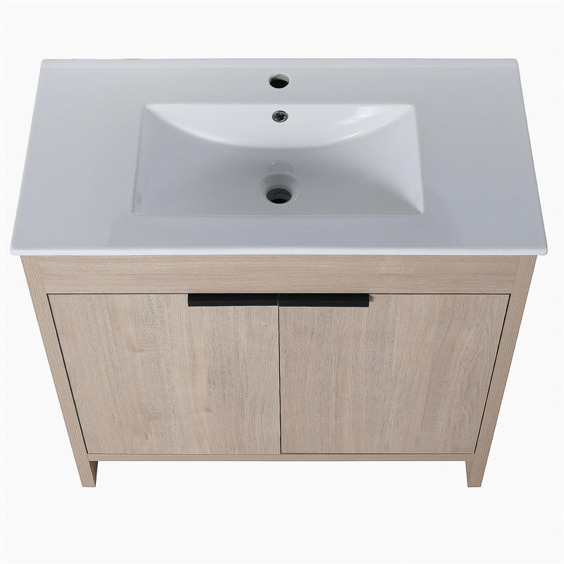 Meuble-lavabo indépendant de 36 pouces avec lavabo en céramique blanche et 2 portes d'armoire à fermeture en douceur