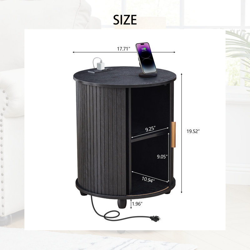 Table de chevet ronde cannelée 18 po avec station de charge - Table d'appoint Boho avec porte coulissante - Table de chevet circulaire haute de 19,5 po avec ports Type-C et USB
