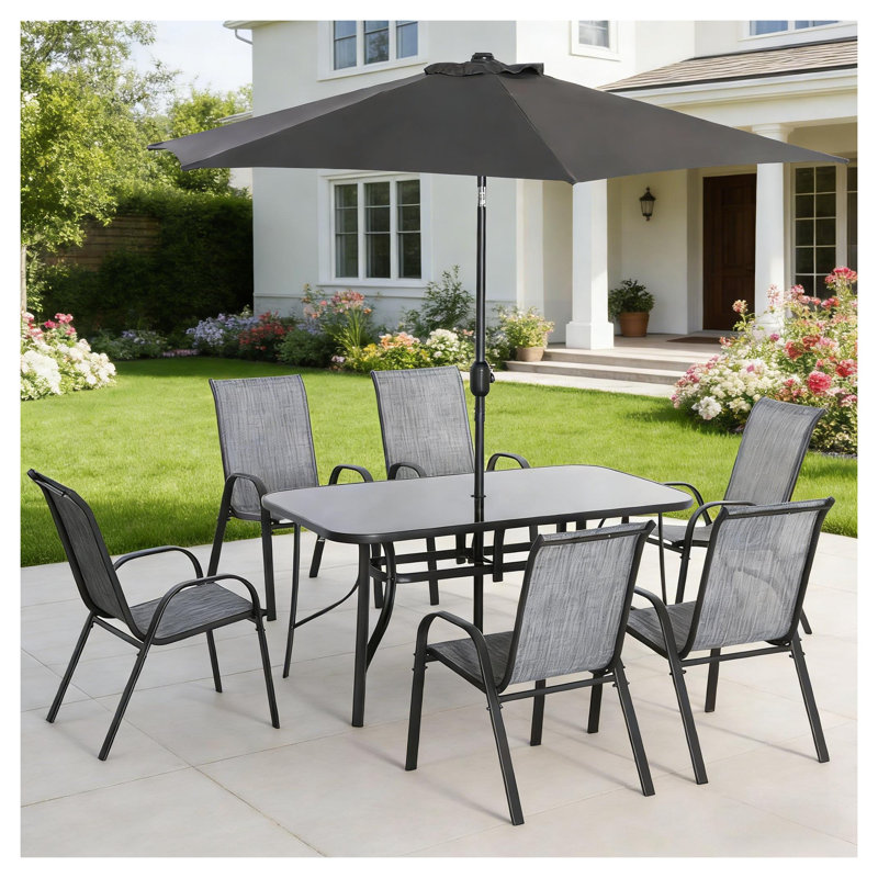 Ensemble repas 8 pièces pour patio avec parasol, cadre en aluminium et table en verre trempé