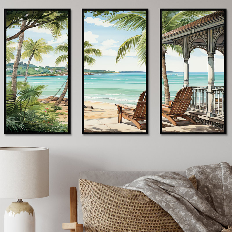 «Island Serenity Chairs By The Beach» - art mural bord de mer tropical, Cadre flottant noir, H 28 po x l 36 po x P 1 po