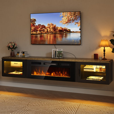 80'' Floating Fireplace Tv Stand With 36" Electric Fireplace, Led Light Entertainment Center With Storage, Wall Mounted Media Tv Console With Glass Door For Living Room,Black+Brown
