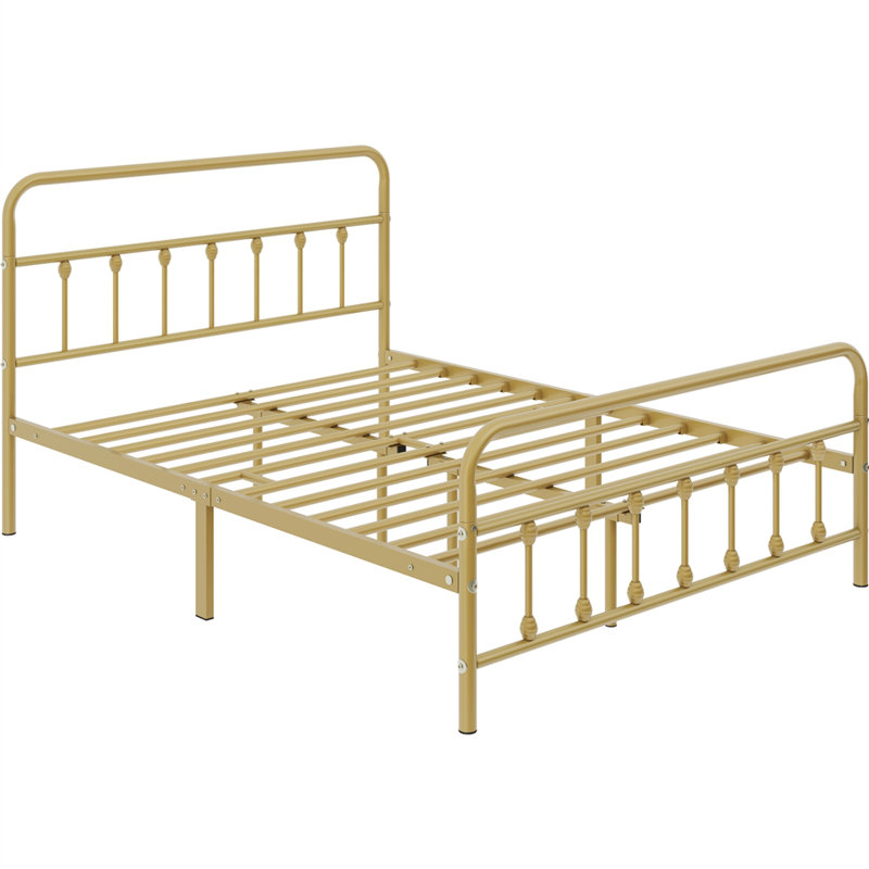 Antique Gold Full Metal Platform Bed with Headboard and Footboard