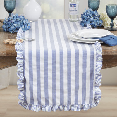 Chemin de table rayé à bords froncés - Chemin de table décoratif en mélange de coton non réversible pour table de salle à manger, 16 po x 72 po