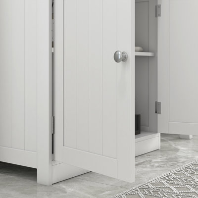 Armoire de salle de bain 24 "à piédestal blanc | Style moderne et rangement fonctionnel permettant d'économiser de l'espace arrière - Meuble-lavabo 2 tablettes réglables à l'intérieur de la quincaillerie chic en acier inoxydable