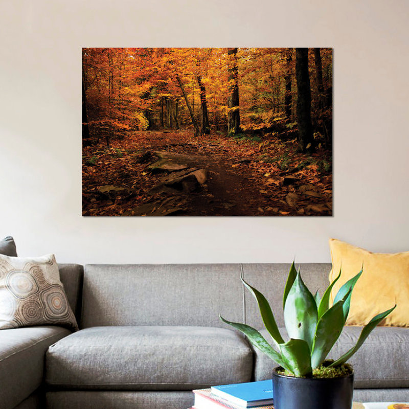 «Autumn Path» par Nathalie Mikaels - Impression sur toile, H 18 po x l 26 po x P 1,5 po, Toile avec cadre noir, Pas de tapis