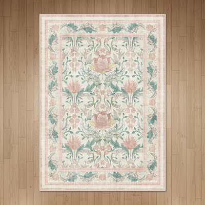 Bloom Floral Pink/Beige Non-Slip Machine-Washable Area Rug