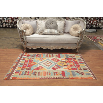 Tapis kilim multicolore géométrique à tissage plat 4 x 6