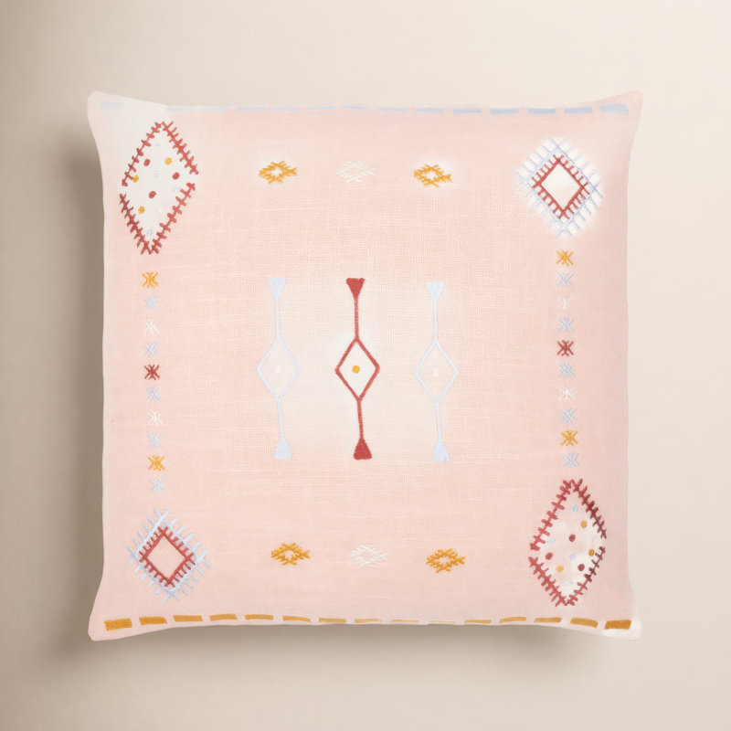 Decatur Embroidered Down Throw Pillow, 20" x 20", Dusty Pink/Pale Blue/Mustard, Down
