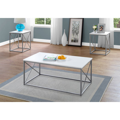 Ensemble de table, ensemble de 3 pièces, café, bout, côté, décor, salon, stratifié blanc, métal gris, contemporain, moderne