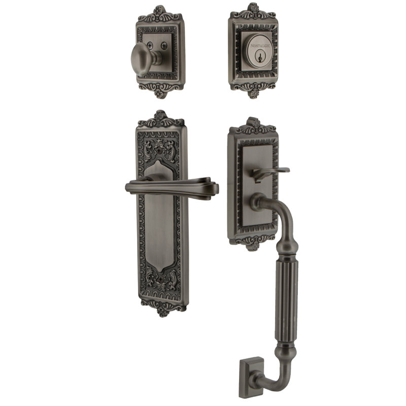 Nostalgic Warehouse Egg & Dart Plate F Grip Handleset with Single Cylinder Deadbolt and Fleur Lever, Antique Pewter, Right