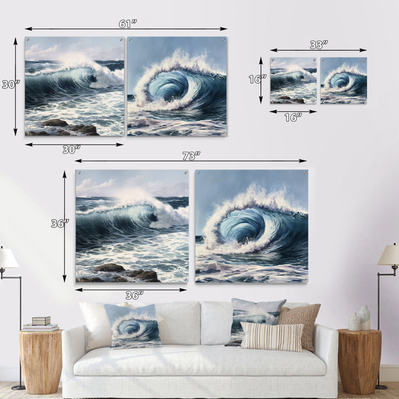Ocean Wave Mouvement II - ensemble de 2 verres muraux modernes en acrylique, H 16 po x l 33 po