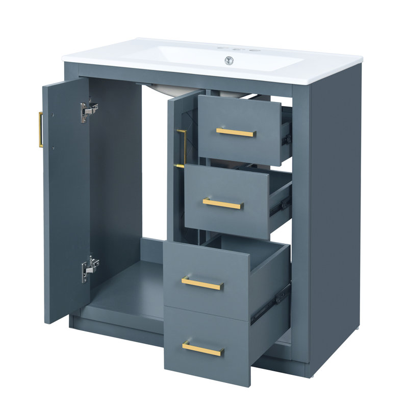 Meuble-lavabo de 30 po avec charnières en bois massif avec charnières, 3 tiroirs, motif rainuré unique, lavabo en céramique de couleur bleue, cadre, planches, grand espace de rangement, style rétro, poignée en métal exquise, tiroir lisse