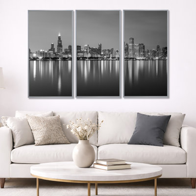 " Chicago Skyline At Night Black And White " 3 - Pieces