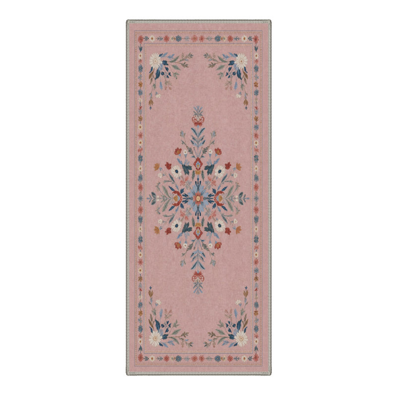 Tapis de couloir oriental délavé rétro lavable à la machine, tapis traditionnel rose et bleu antidérapant pour entrée de cuisine