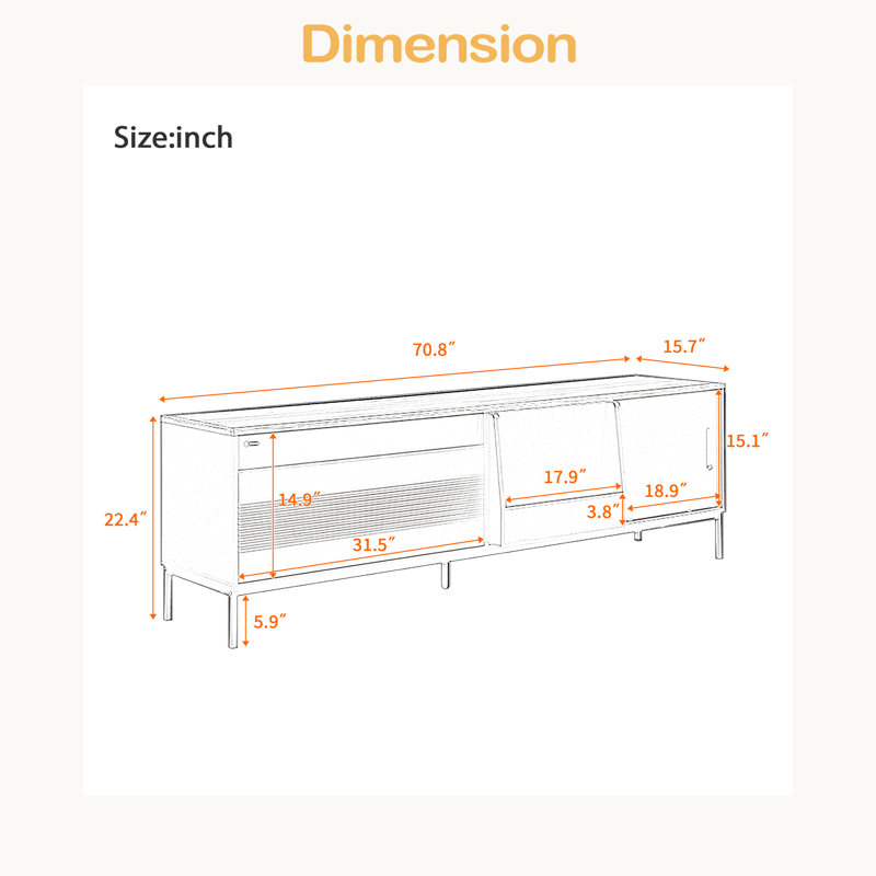 70.8'' Modern TV Stand For Tvs Up To 75 Inches, Entertainment Center With Storage Space, Sliding Doors, Adjustable Shelves And Metal Frame