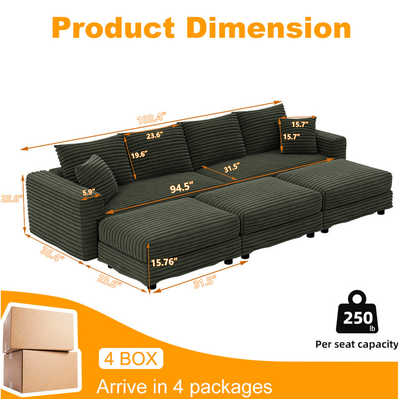 Corduroy 102.4" 4 - Seat With Multiple Pillows, Removable , Spring Supported Cushions, Easy Assembly Process Seat, Quick